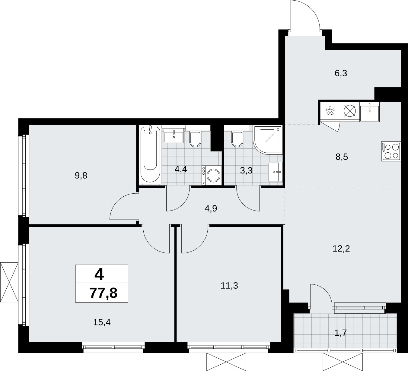 4-комнатная квартира (евро) без отделки, 77.8 м2, 14 этаж, сдача 2 квартал 2026 г., ЖК Бунинские кварталы, корпус 9.2 - объявление 2324267 - фото №1
