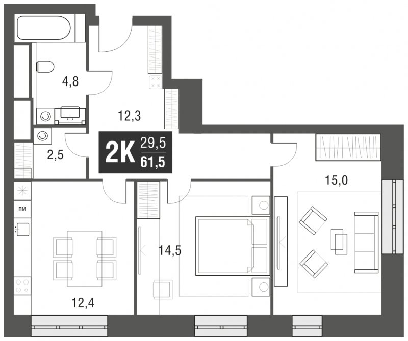 2-комнатная квартира с частичной отделкой, 61.5 м2, 37 этаж, сдача 2 квартал 2024 г., ЖК AFI Tower, корпус 1 - объявление 1930966 - фото №1