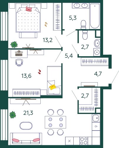2-комнатная квартира без отделки, 68.9 м2, 11 этаж, сдача 4 квартал 2023 г., ЖК SHAGAL, корпус 1.4 - объявление 2166509 - фото №1