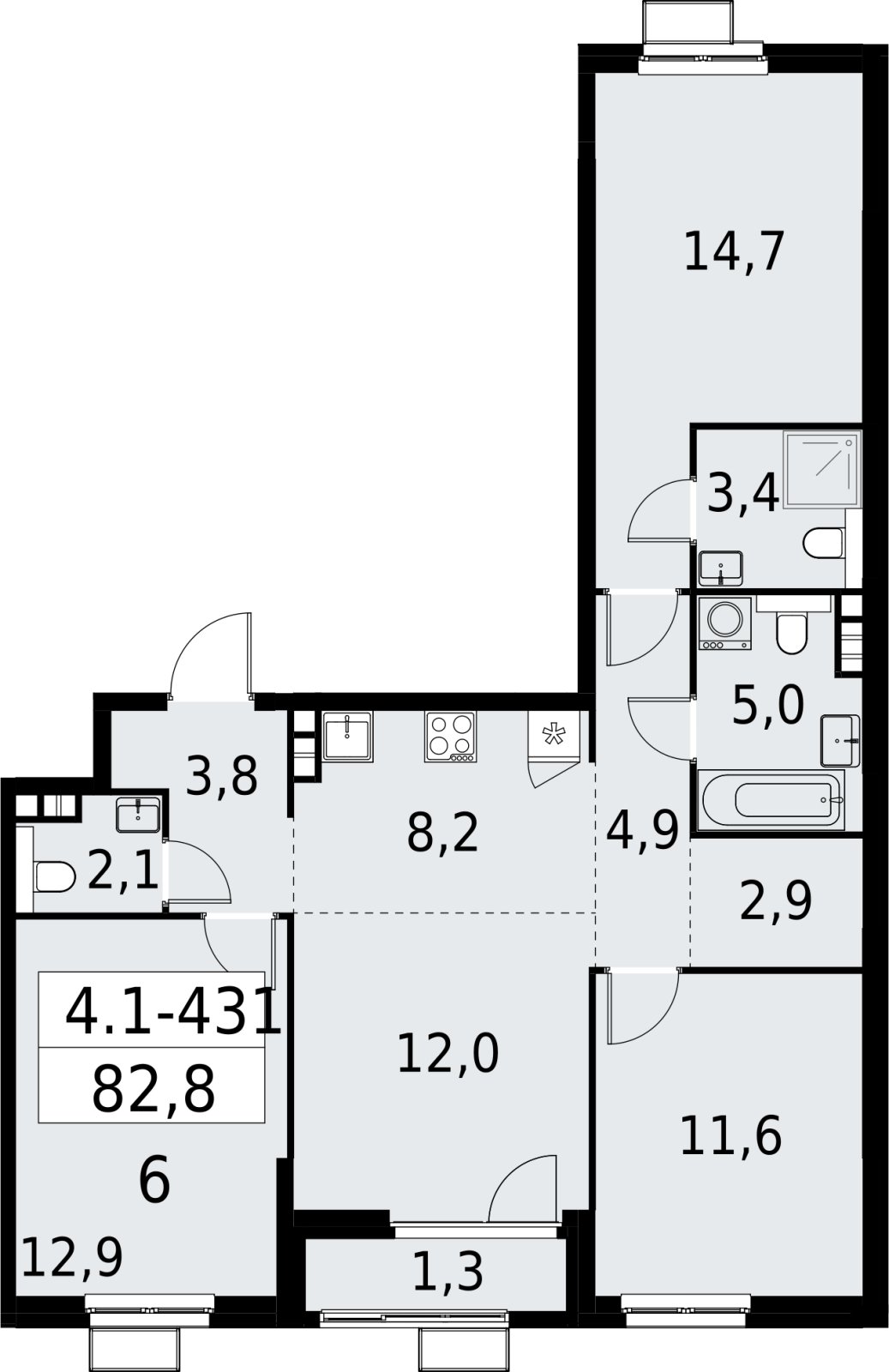 4-комнатная квартира (евро) с полной отделкой, 82.8 м2, 4 этаж, сдача 2 квартал 2027 г., ЖК Южные сады, корпус 4.1.2 - объявление 2392937 - фото №1