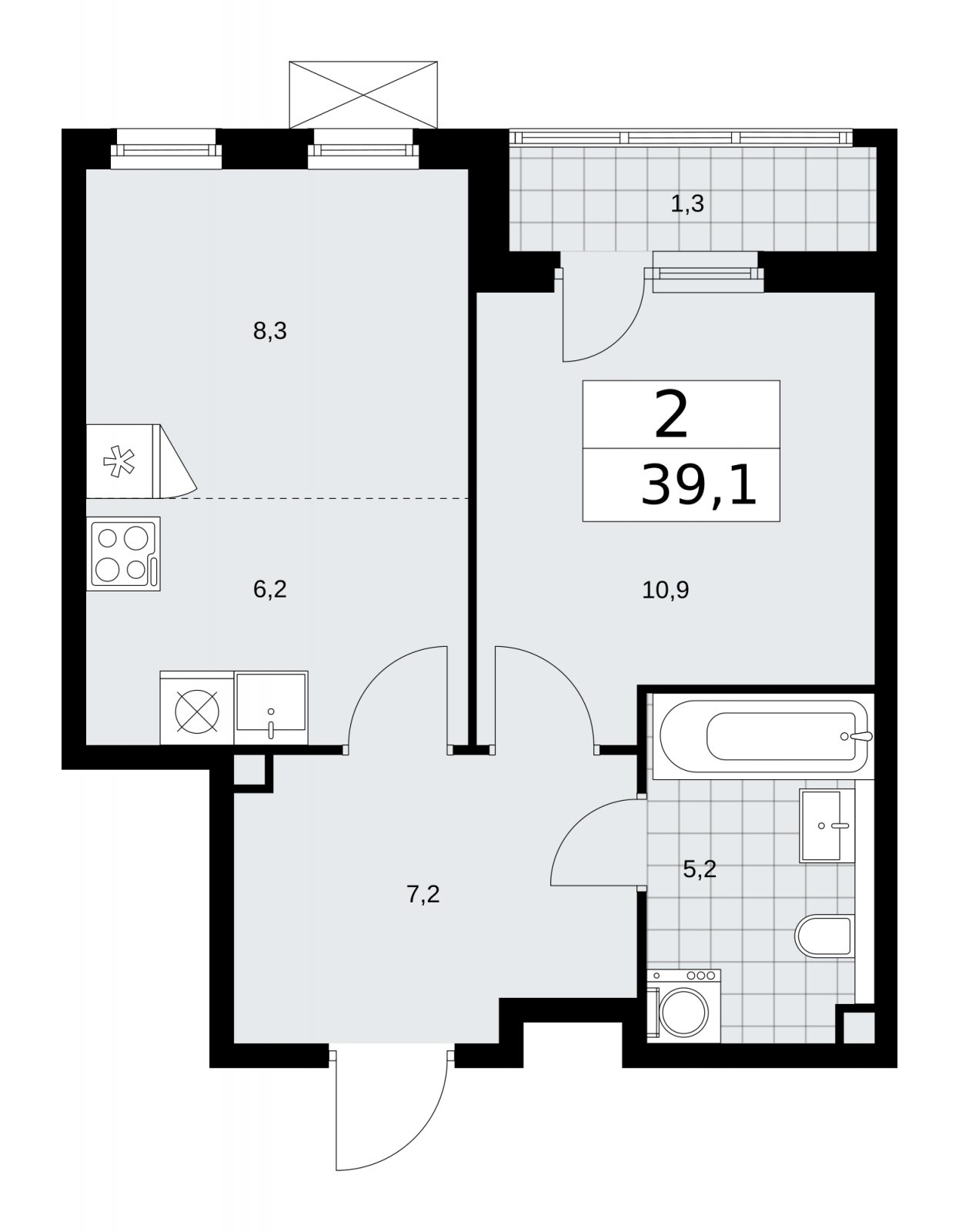 2-комнатная квартира (евро) с частичной отделкой, 39.1 м2, 2 этаж, сдача 2 квартал 2026 г., ЖК Прокшино, корпус 11.2.3 - объявление 2270338 - фото №1