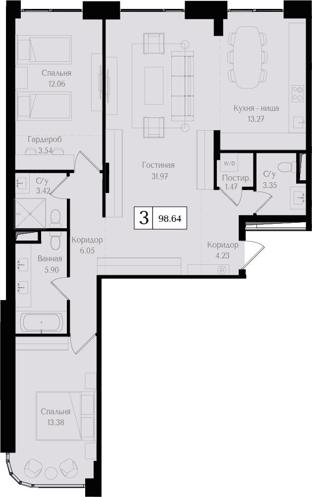 3-комнатная квартира без отделки, 98.64 м2, 2 этаж, сдача 3 квартал 2024 г., ЖК Преображенская площадь, корпус 2 - объявление 2287572 - фото №1
