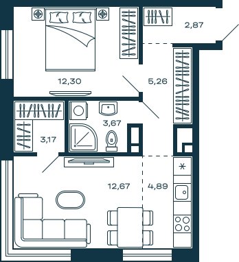 1-комнатная квартира без отделки, 44.83 м2, 23 этаж, сдача 2 квартал 2025 г., ЖК М_5, корпус 1 - объявление 2382635 - фото №1