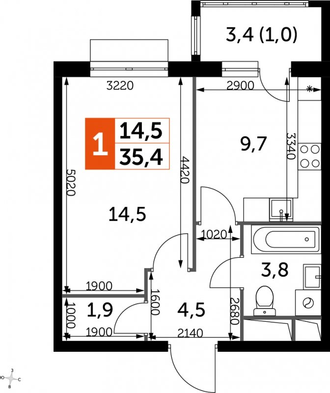 1-комнатная квартира с полной отделкой, 35.4 м2, 9 этаж, сдача 3 квартал 2023 г., ЖК UP-квартал Римский, корпус 7 - объявление 1972532 - фото №1