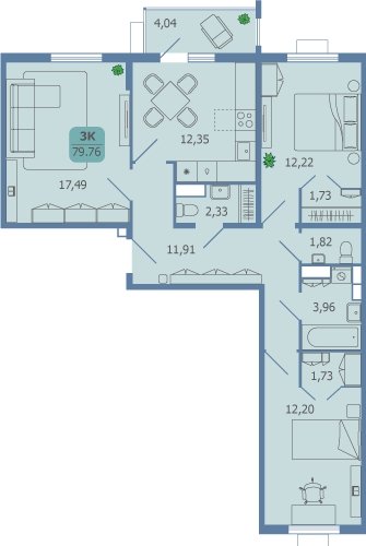3-комнатная квартира без отделки, 79.69 м2, 16 этаж, сдача 2 квартал 2024 г., ЖК Финский, корпус 4 - объявление 2180200 - фото №1