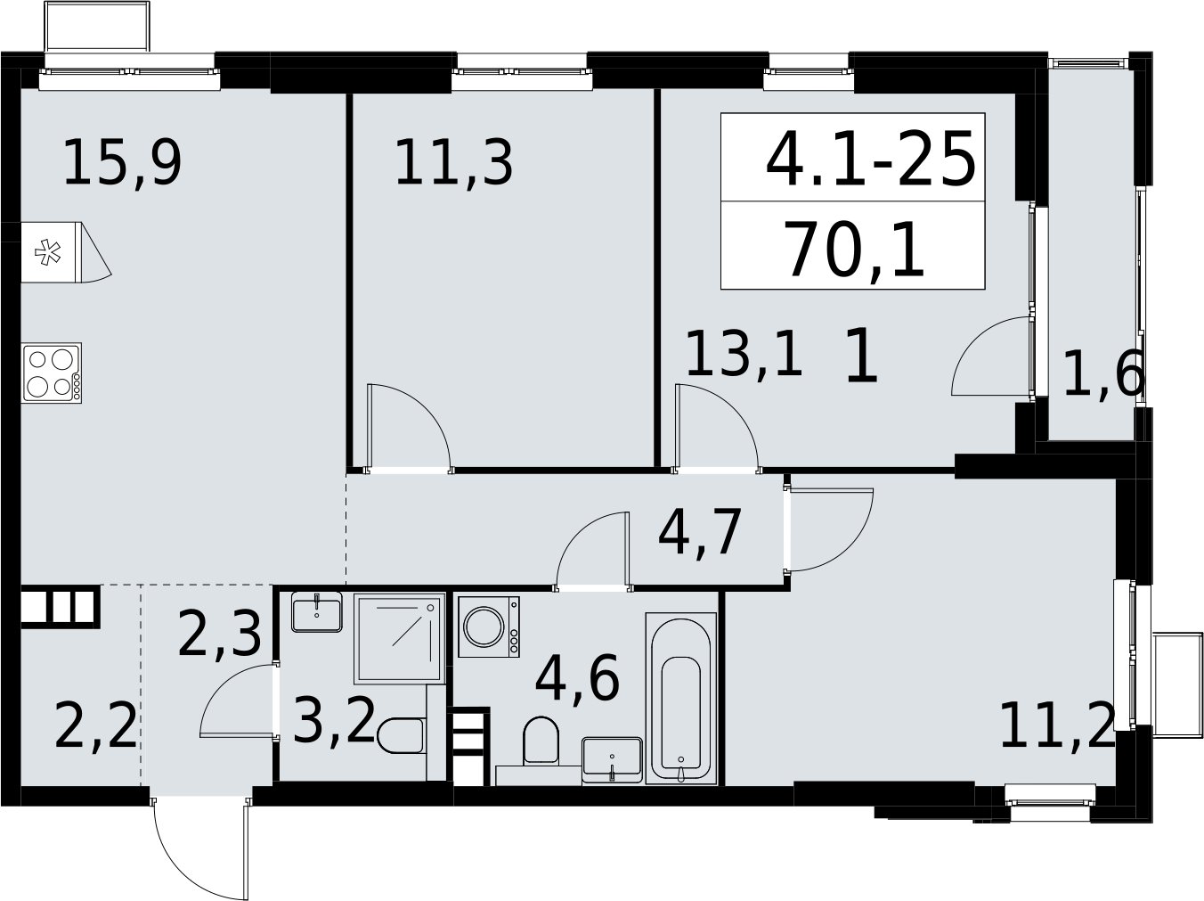 3-комнатная квартира с полной отделкой, 70.1 м2, 6 этаж, сдача 2 квартал 2027 г., ЖК Южные сады, корпус 4.1.1 - объявление 2392566 - фото №1