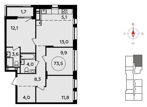 4-комнатная квартира (евро) с полной отделкой, 73.5 м2, 14 этаж, сдача 4 квартал 2023 г., ЖК Прокшино, корпус 4.1 - объявление 1497883 - фото №1