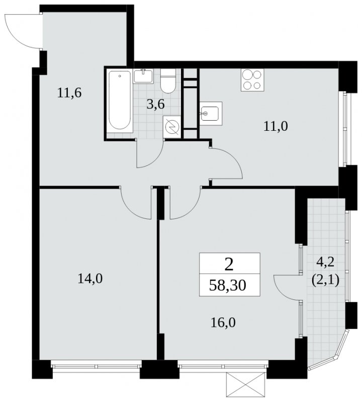 2-комнатная квартира без отделки, 58.3 м2, 15 этаж, сдача 4 квартал 2024 г., ЖК Скандинавия, корпус 2.27.2 - объявление 1840433 - фото №1