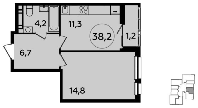 1-комнатная квартира без отделки, 38.2 м2, 21 этаж, сдача 4 квартал 2023 г., ЖК Южные сады, корпус 1.3 - объявление 1512414 - фото №1