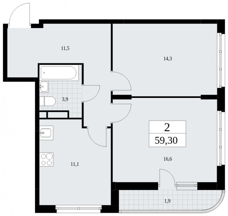 2-комнатная квартира без отделки, 59.3 м2, 5 этаж, сдача 4 квартал 2024 г., ЖК Скандинавия, корпус 36.1.2 - объявление 1801862 - фото №1