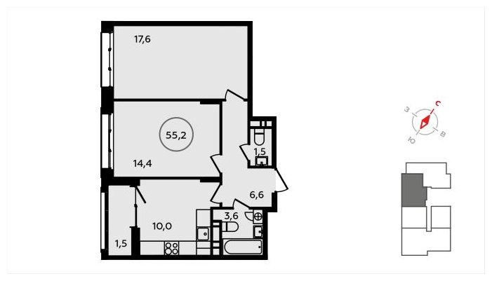 2-комнатная квартира без отделки, 55.2 м2, 8 этаж, сдача 3 квартал 2024 г., ЖК Скандинавия, корпус 2.22.2 - объявление 1625338 - фото №1