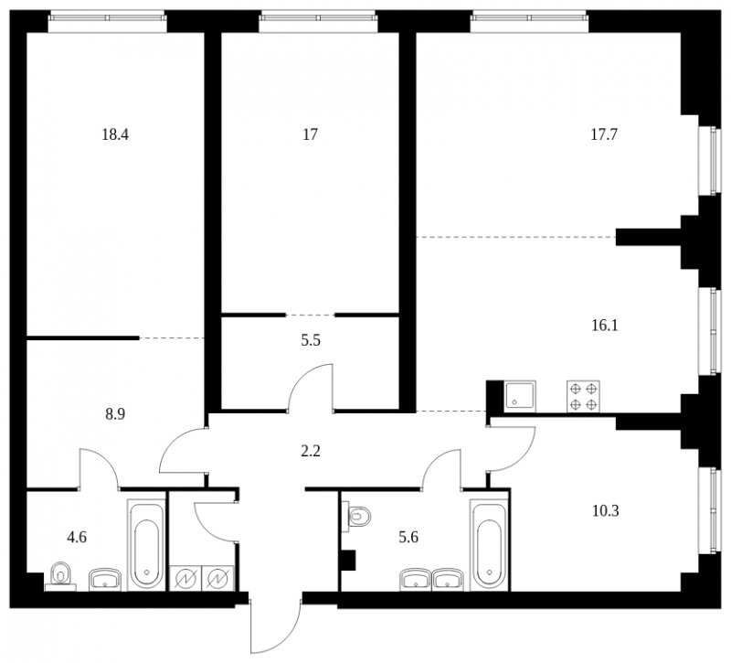 4-комнатная квартира с частичной отделкой, 116.8 м2, 23 этаж, сдача 2 квартал 2023 г., ЖК Руставели 14, корпус 1.1 - объявление 1554025 - фото №1