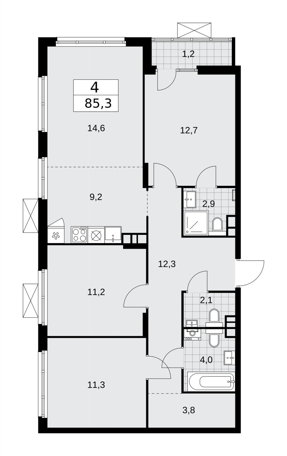 4-комнатная квартира (евро) с полной отделкой, 85.3 м2, 3 этаж, сдача 2 квартал 2026 г., ЖК Деснаречье, корпус 4.7 - объявление 2264837 - фото №1