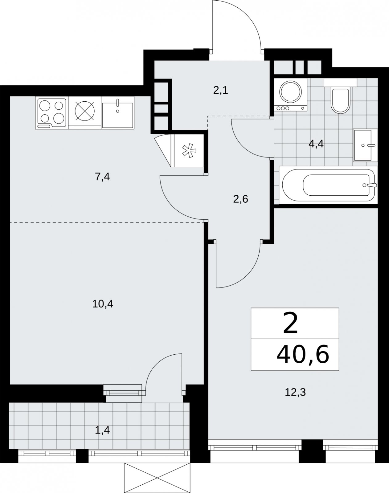 2-комнатная квартира (евро) с частичной отделкой, 40.6 м2, 5 этаж, сдача 2 квартал 2026 г., ЖК Бунинские кварталы, корпус 5.1 - объявление 2297288 - фото №1
