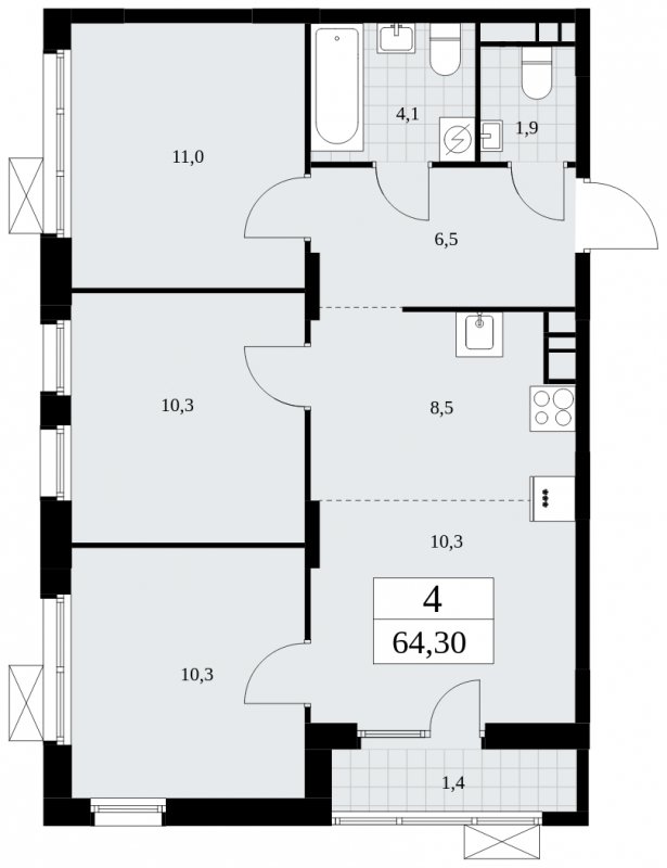4-комнатная квартира (евро) без отделки, 64.3 м2, 5 этаж, сдача 1 квартал 2025 г., ЖК Дзен-кварталы, корпус 1.4 - объявление 1896134 - фото №1