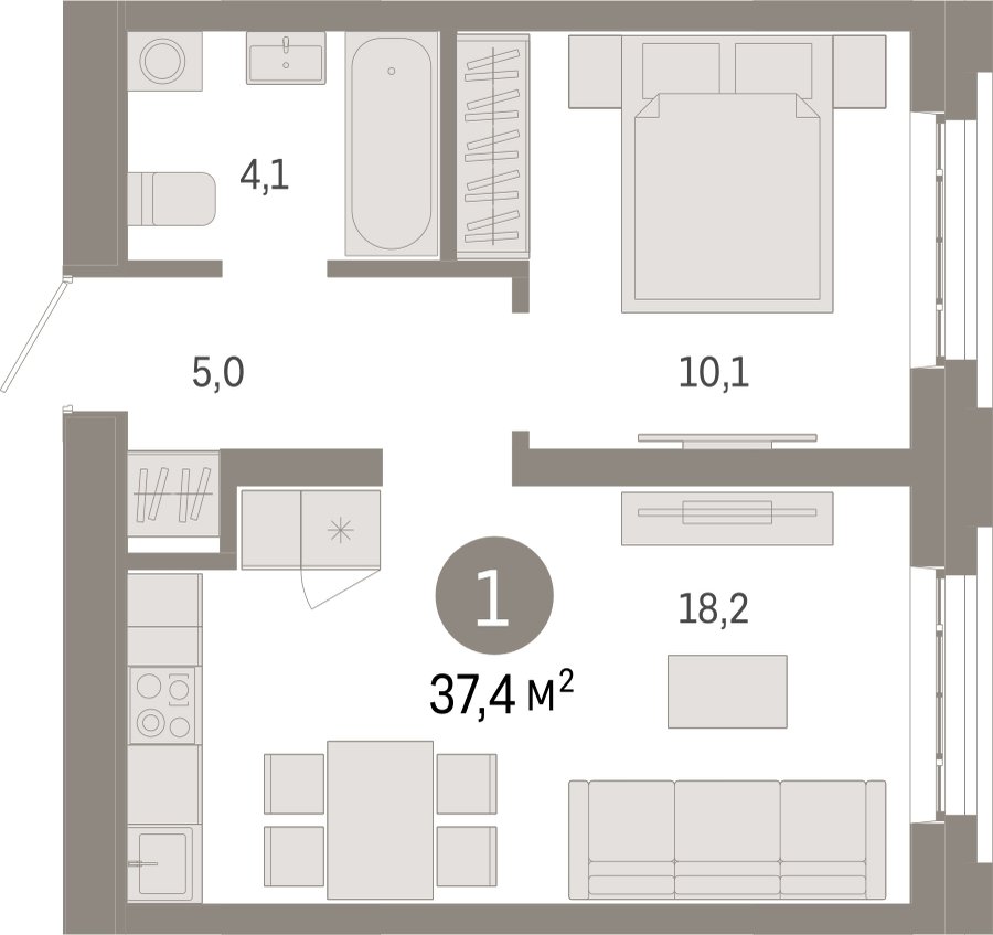 1-комнатная квартира 37.4 м2, 2 этаж, сдача 3 квартал 2026 г., ЖК Квартал Метроном, корпус 1 - объявление 2330833 - фото №1