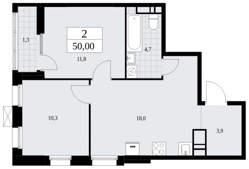 2-комнатная квартира с частичной отделкой, 50 м2, 14 этаж, сдача 3 квартал 2025 г., ЖК Дзен-кварталы, корпус 2.1 - объявление 1932263 - фото №1