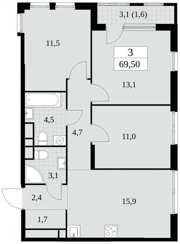 3-комнатная квартира с частичной отделкой, 69.5 м2, 20 этаж, сдача 2 квартал 2025 г., ЖК Южные сады, корпус 2.2 - объявление 1757606 - фото №1