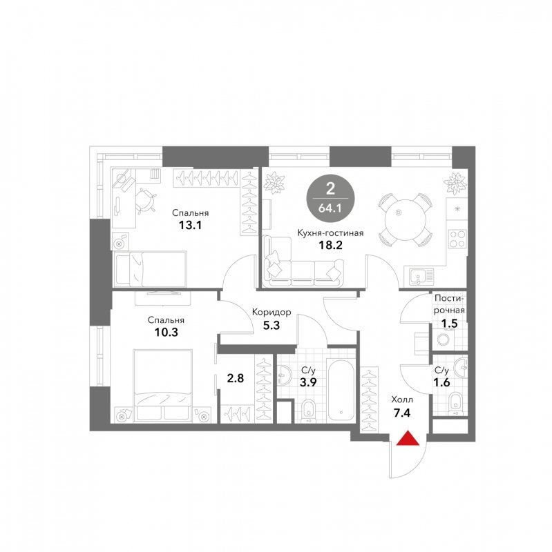 2-комнатные апартаменты без отделки, 64.1 м2, 6 этаж, сдача 3 квартал 2025 г., ЖК VOXHALL, корпус 4 - объявление 1794266 - фото №1