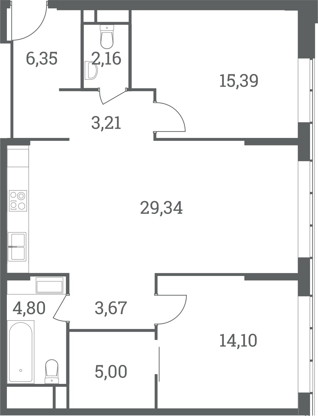 2-комнатная квартира без отделки, 84.02 м2, 35 этаж, сдача 4 квартал 2024 г., ЖК Headliner, корпус 4 - объявление 2407352 - фото №1