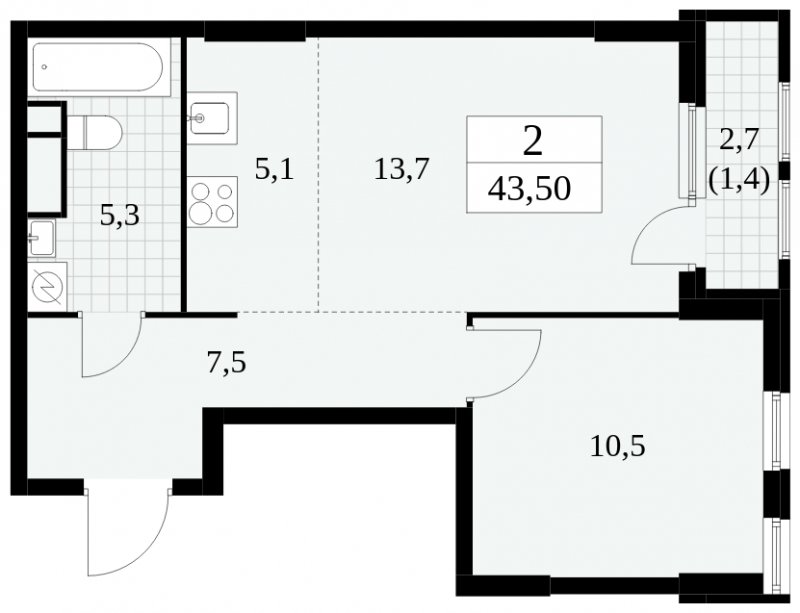 2-комнатная квартира (евро) без отделки, 43.5 м2, 11 этаж, сдача 2 квартал 2025 г., ЖК Южные сады, корпус 2.3 - объявление 1758179 - фото №1