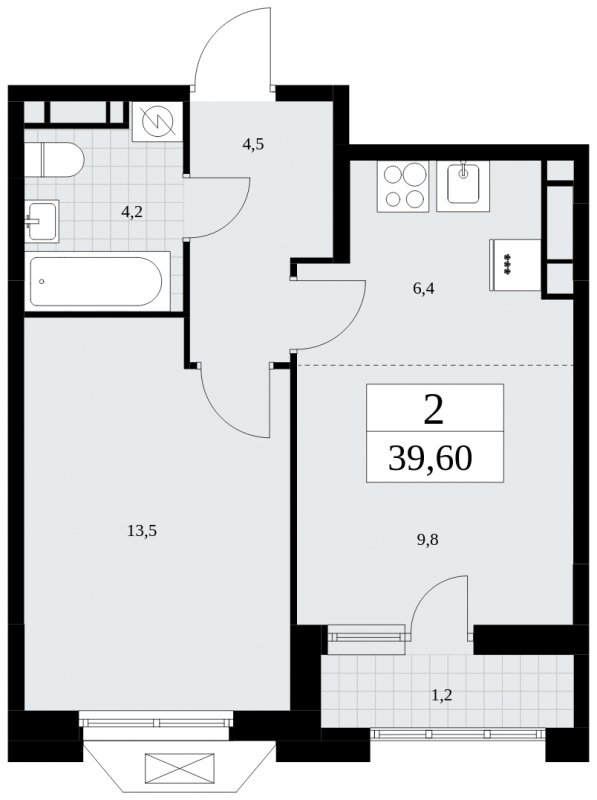 2-комнатная квартира (евро) с частичной отделкой, 39.6 м2, 15 этаж, сдача 4 квартал 2024 г., ЖК Бунинские кварталы, корпус 1.2 - объявление 1834544 - фото №1