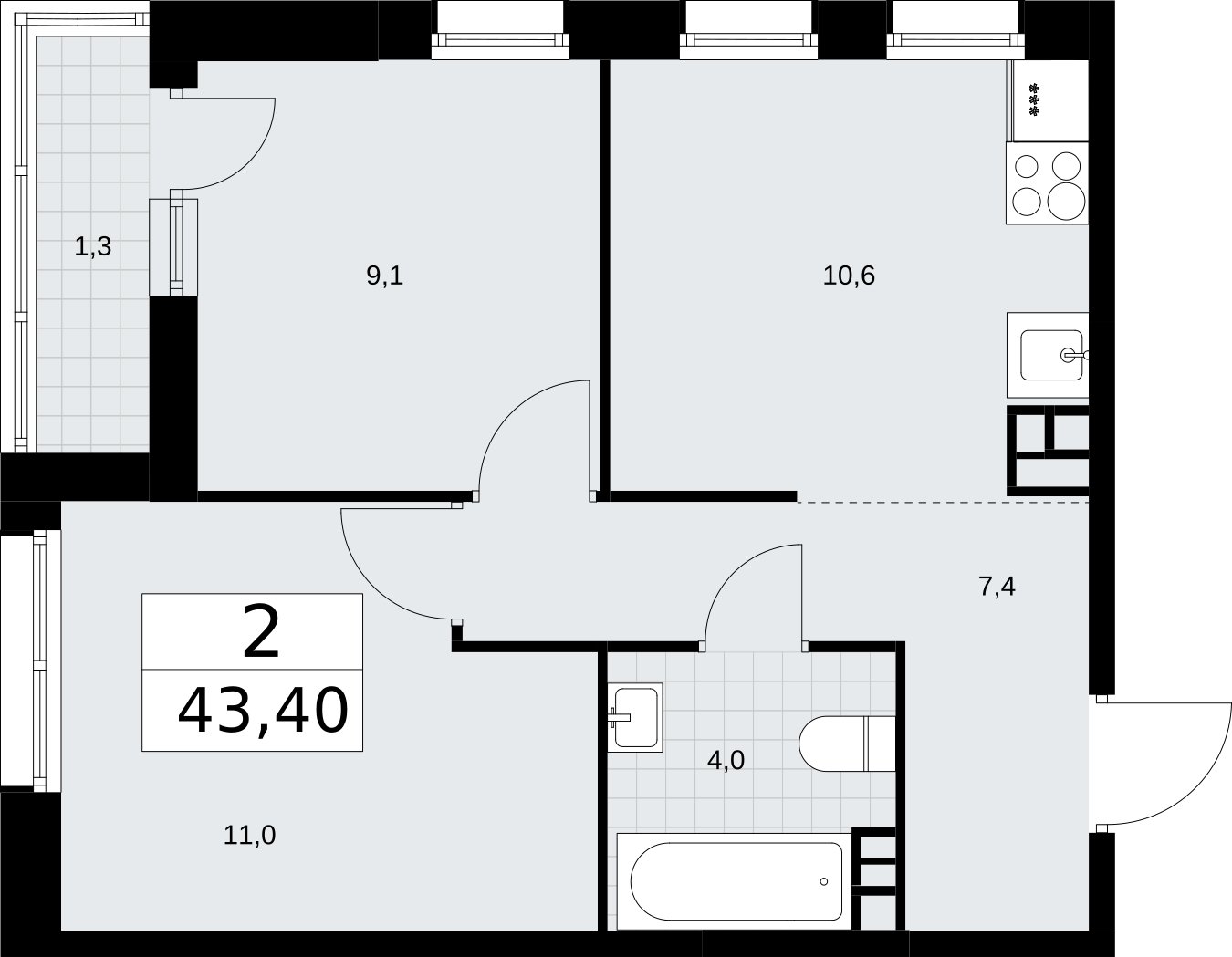 2-комнатная квартира без отделки, 43.4 м2, 3 этаж, сдача 3 квартал 2026 г., ЖК Родные кварталы, корпус 3.5 - объявление 2378713 - фото №1