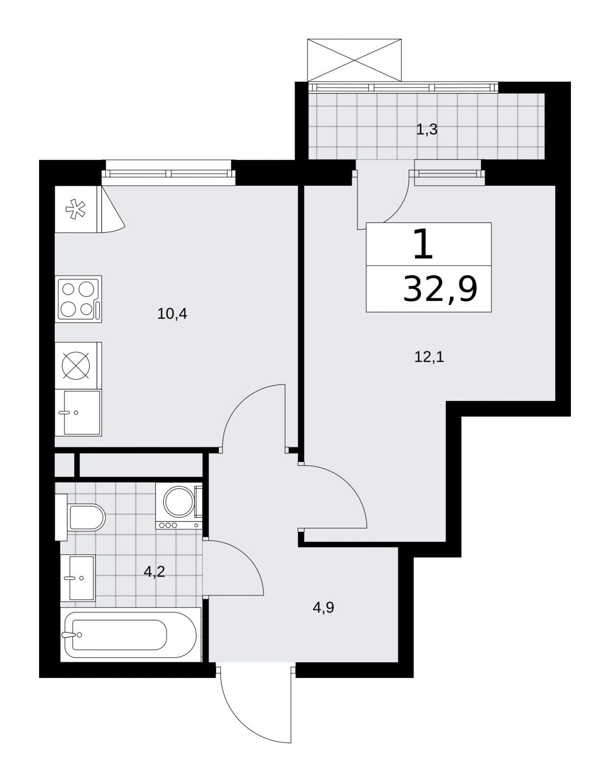 1-комнатная квартира с частичной отделкой, 32.9 м2, 12 этаж, сдача 1 квартал 2026 г., ЖК Прокшино, корпус 11.1.1 - объявление 2257236 - фото №1