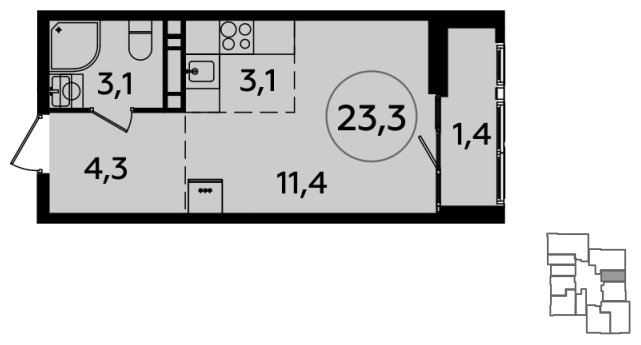 Студия с полной отделкой, 23.3 м2, 18 этаж, сдача 2 квартал 2024 г., ЖК Южные сады, корпус 1.1 - объявление 1512041 - фото №1