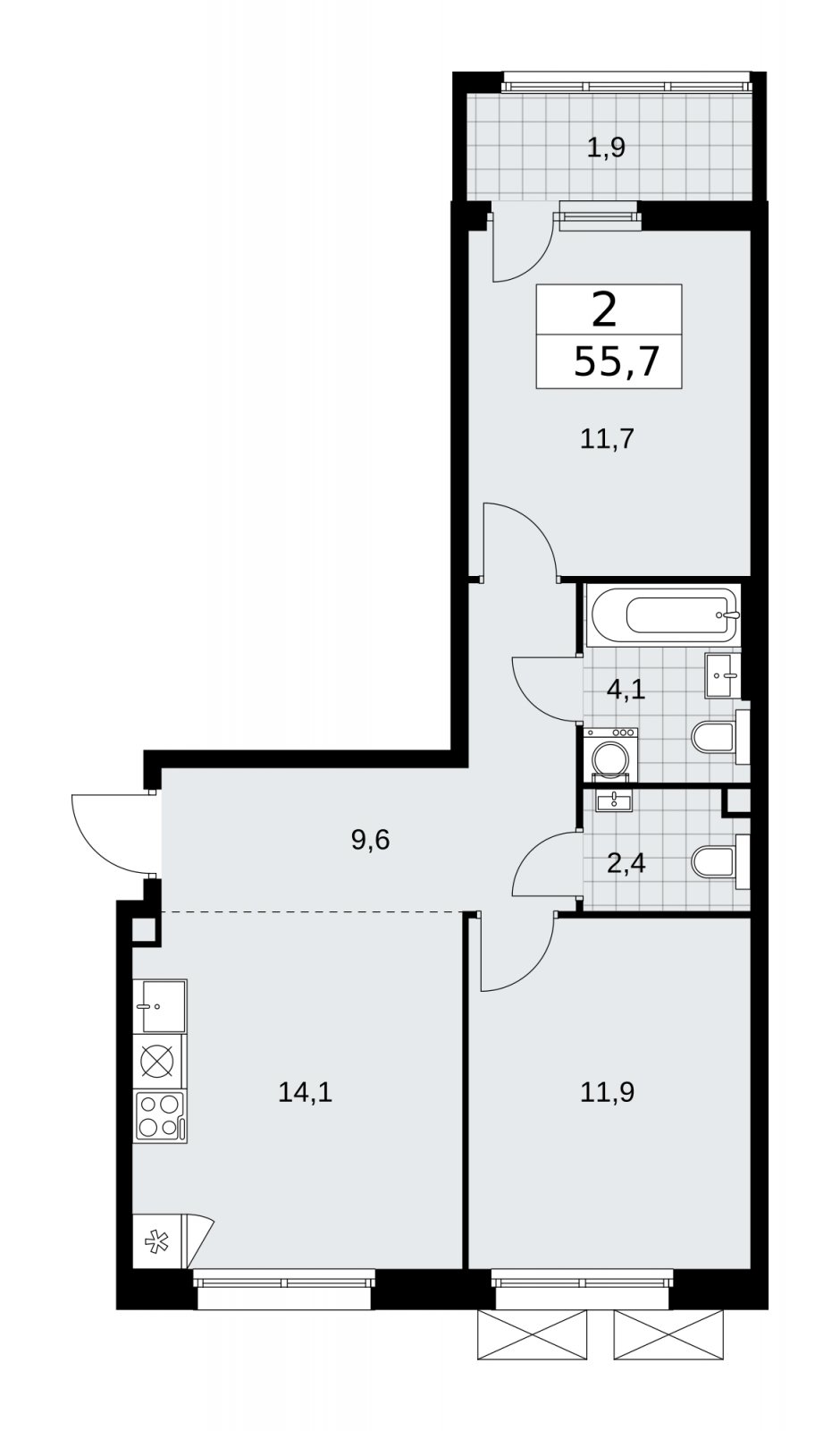 2-комнатная квартира с частичной отделкой, 55.7 м2, 2 этаж, сдача 2 квартал 2026 г., ЖК Дзен-кварталы, корпус 4.1 - объявление 2251435 - фото №1