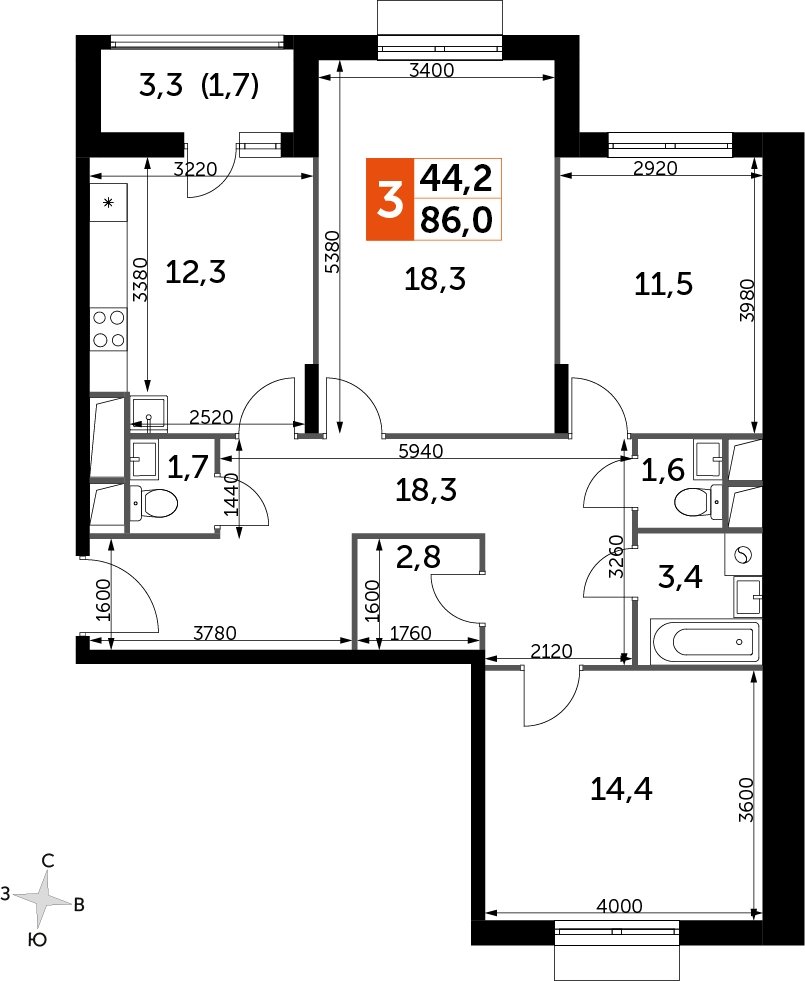 3-комнатная квартира без отделки, 86 м2, 3 этаж, сдача 3 квартал 2023 г., ЖК UP-квартал Римский, корпус 7 - объявление 2208454 - фото №1