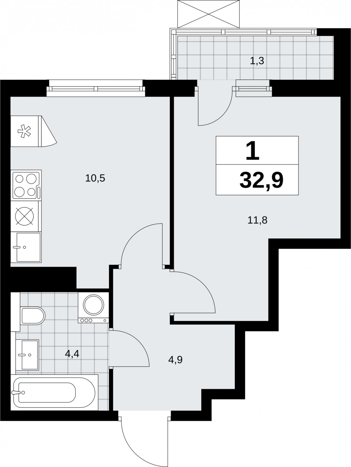 1-комнатная квартира без отделки, 32.9 м2, 12 этаж, сдача 2 квартал 2026 г., ЖК Бунинские кварталы, корпус 9.1 - объявление 2323604 - фото №1