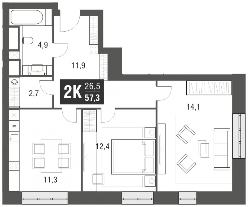 2-комнатная квартира с частичной отделкой, 57.3 м2, 13 этаж, сдача 2 квартал 2024 г., ЖК AFI Tower, корпус 1 - объявление 1930898 - фото №1