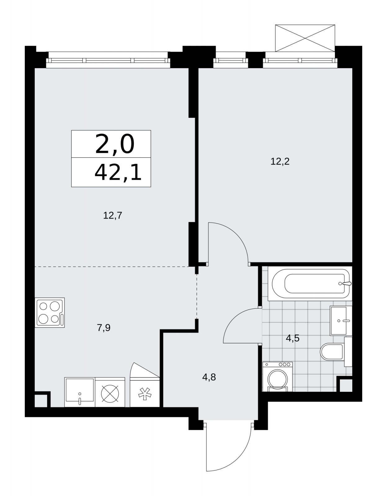 2-комнатная квартира (евро) с частичной отделкой, 42.1 м2, 2 этаж, сдача 2 квартал 2026 г., ЖК Прокшино, корпус 10.1.5 - объявление 2227837 - фото №1