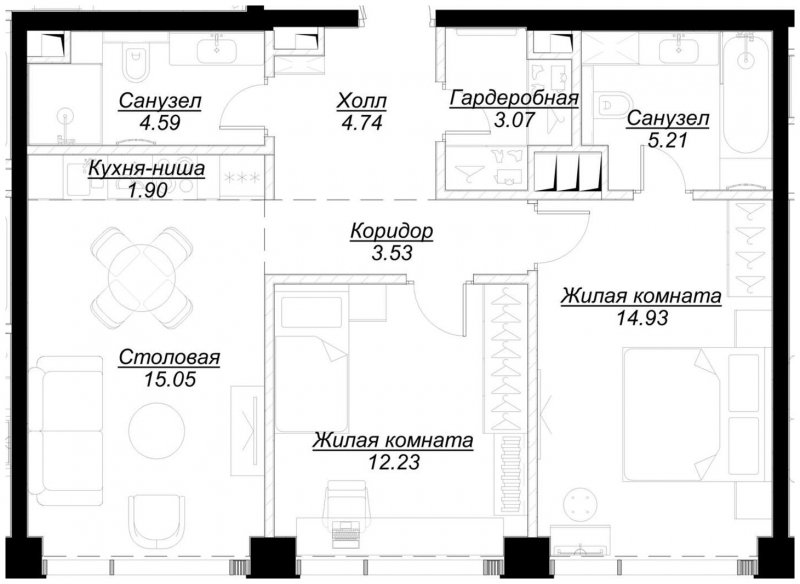 2-комнатная квартира с частичной отделкой, 65.25 м2, 42 этаж, сдача 4 квартал 2024 г., ЖК MOD, корпус Mod.D - объявление 1788409 - фото №1