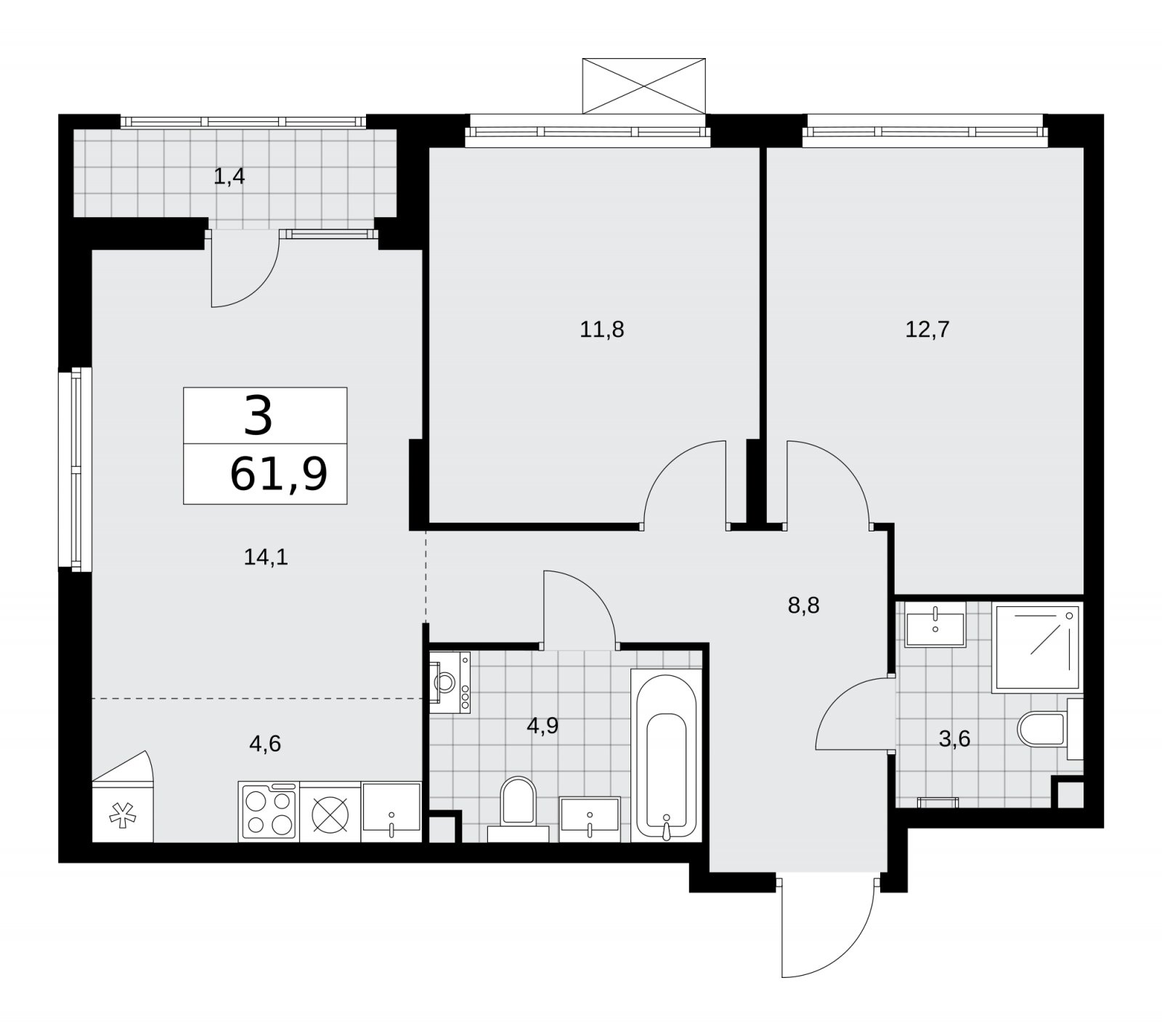 3-комнатная квартира (евро) с полной отделкой, 61.9 м2, 2 этаж, сдача 2 квартал 2026 г., ЖК Деснаречье, корпус 4.8 - объявление 2264999 - фото №1