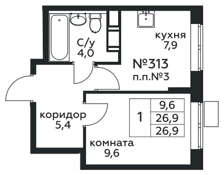 1-комнатная квартира с полной отделкой, 26.9 м2, 8 этаж, сдача 1 квартал 2025 г., ЖК Цветочные Поляны, корпус 3 - объявление 1969351 - фото №1