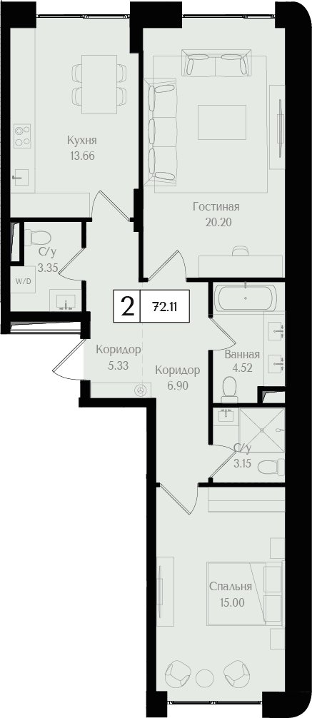 2-комнатная квартира без отделки, 72.1 м2, 2 этаж, дом сдан, ЖК Преображенская площадь, корпус 2 - объявление 2458295 - фото №1