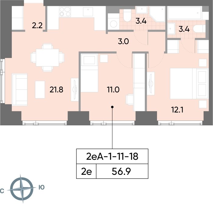 2-комнатная квартира 56.9 м2, 17 этаж, сдача 2 квартал 2026 г., ЖК WAVE, корпус 1 - объявление 2195313 - фото №1