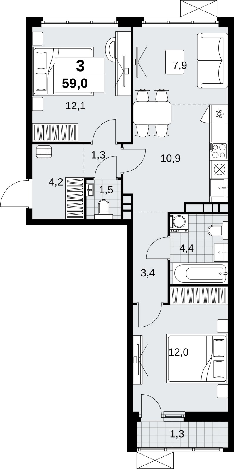 3-комнатная квартира (евро) без отделки, 59 м2, 4 этаж, сдача 4 квартал 2026 г., ЖК Скандинавия, корпус 2.18.2.5 - объявление 2351601 - фото №1