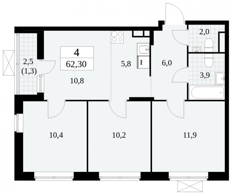 4-комнатная квартира (евро) без отделки, 62.3 м2, 4 этаж, сдача 2 квартал 2024 г., ЖК Прокшино, корпус 6.1 - объявление 1662504 - фото №1