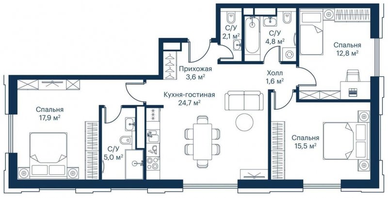 3-комнатная квартира с частичной отделкой, 88.12 м2, 3 этаж, сдача 2 квартал 2023 г., ЖК City Bay, корпус Indian Ocean 7 - объявление 1671589 - фото №1