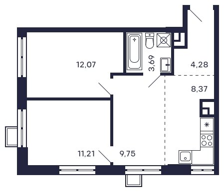2-комнатная квартира без отделки, 49.37 м2, 9 этаж, сдача 2 квартал 2025 г., ЖК Квартал Тетрис, корпус "Квартал Тетрис 2.1" - объявление 2358260 - фото №1