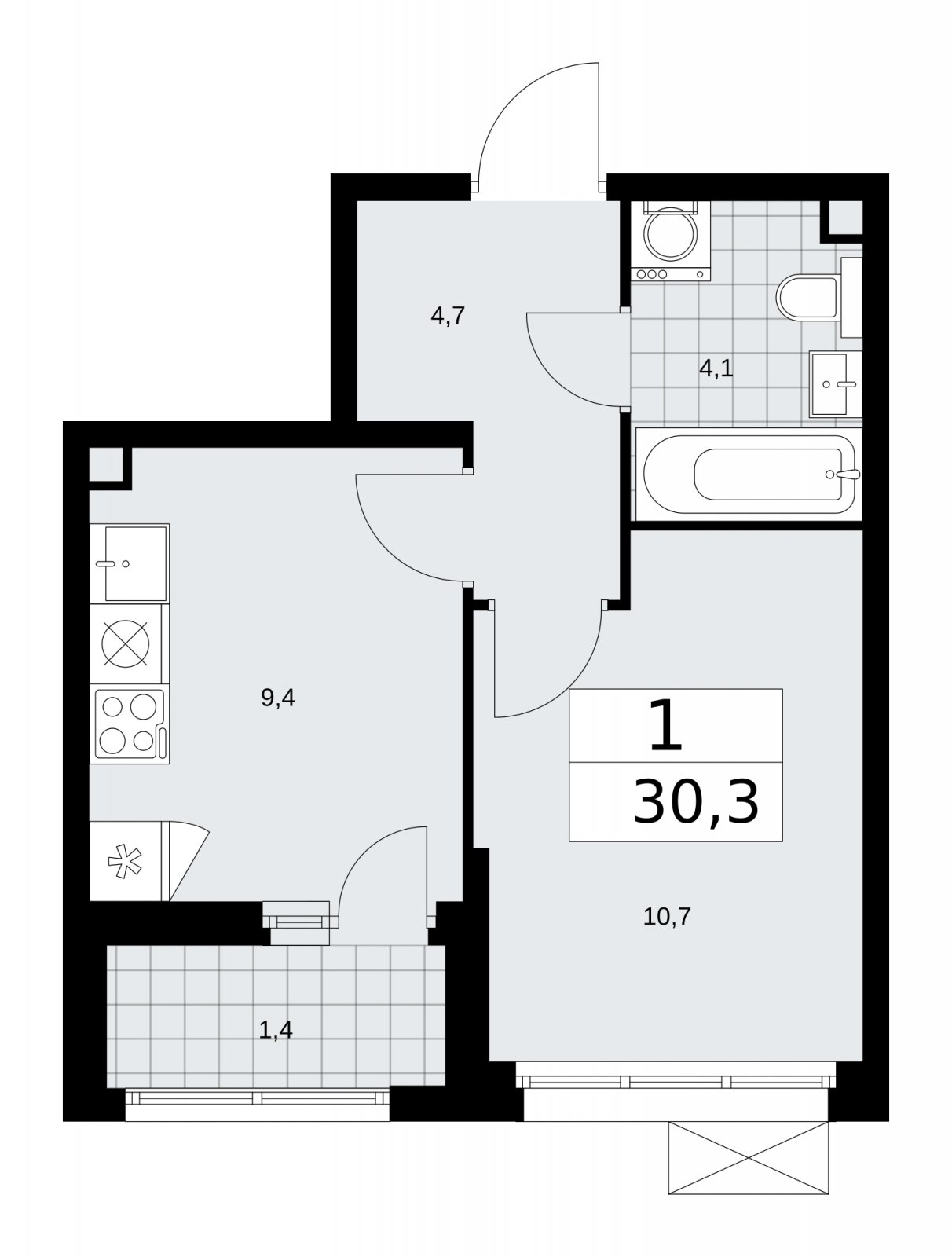 1-комнатная квартира с частичной отделкой, 30.3 м2, 2 этаж, сдача 2 квартал 2026 г., ЖК Скандинавия, корпус 25.1 - объявление 2283319 - фото №1