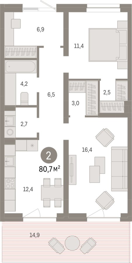 2-комнатная квартира с частичной отделкой, 80.71 м2, 1 этаж, сдача 1 квартал 2025 г., ЖК Первый квартал, корпус 5 - объявление 2310668 - фото №1