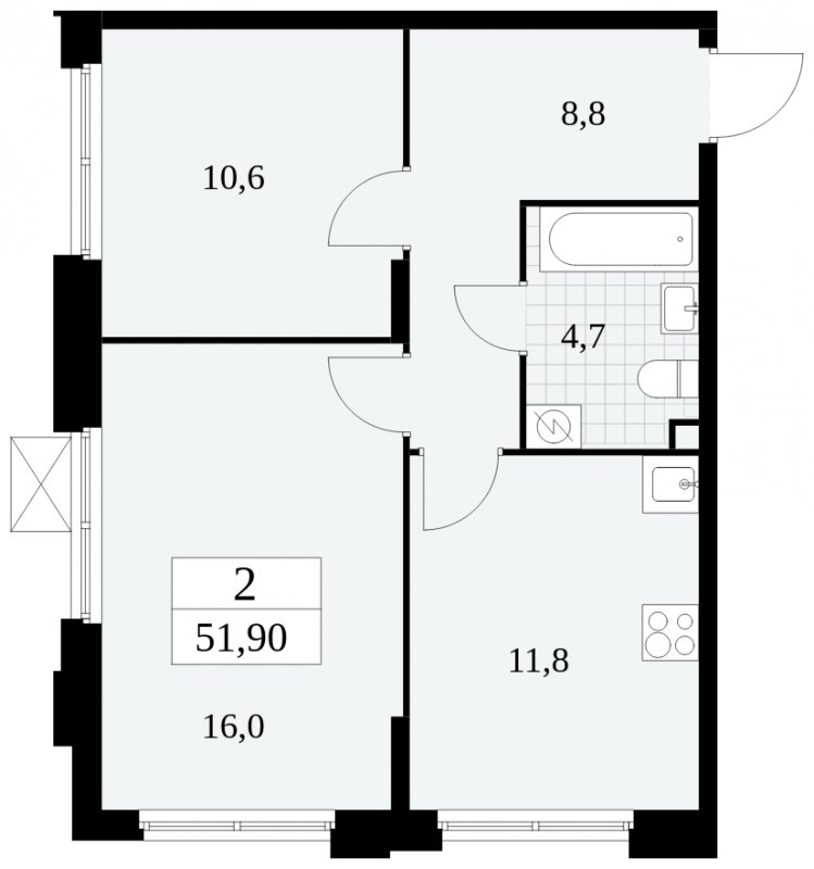 2-комнатная квартира с частичной отделкой, 51.9 м2, 2 этаж, сдача 4 квартал 2024 г., ЖК Скандинавия, корпус 2.27.4 - объявление 1840704 - фото №1