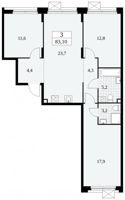 3-комнатная квартира без отделки, 83.1 м2, 2 этаж, сдача 4 квартал 2024 г., ЖК Скандинавия, корпус 2.27.3 - объявление 1840553 - фото №1