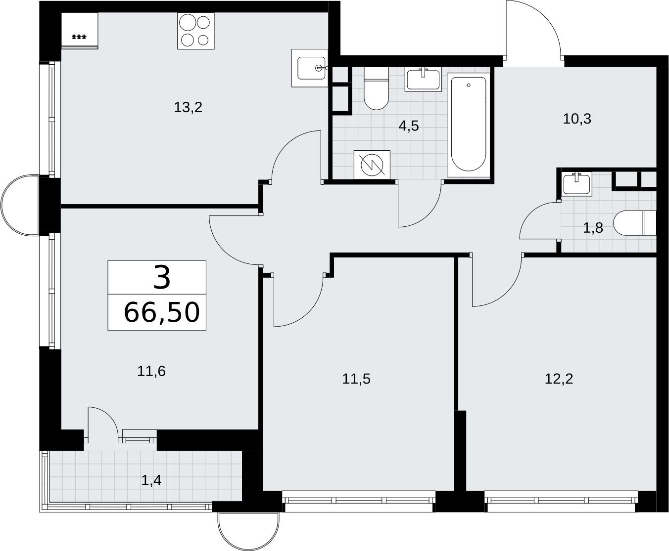 3-комнатная квартира с полной отделкой, 66.5 м2, 3 этаж, сдача 4 квартал 2026 г., ЖК Родные кварталы, корпус 3.2 - объявление 2378413 - фото №1