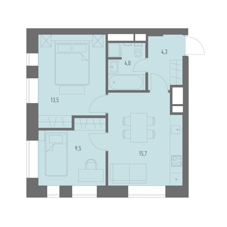 2-комнатная квартира с частичной отделкой, 47 м2, 5 этаж, сдача 2 квартал 2023 г., ЖК Кварталы 21/19, корпус 20 - объявление 1676652 - фото №1