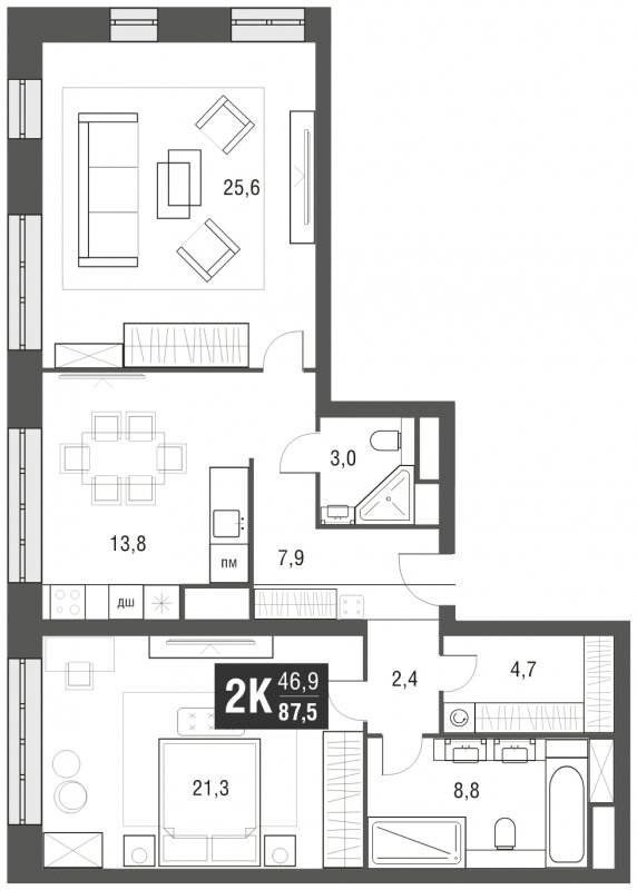 2-комнатная квартира с частичной отделкой, 87.5 м2, 3 этаж, сдача 2 квартал 2024 г., ЖК AFI Tower, корпус 1 - объявление 1930772 - фото №1